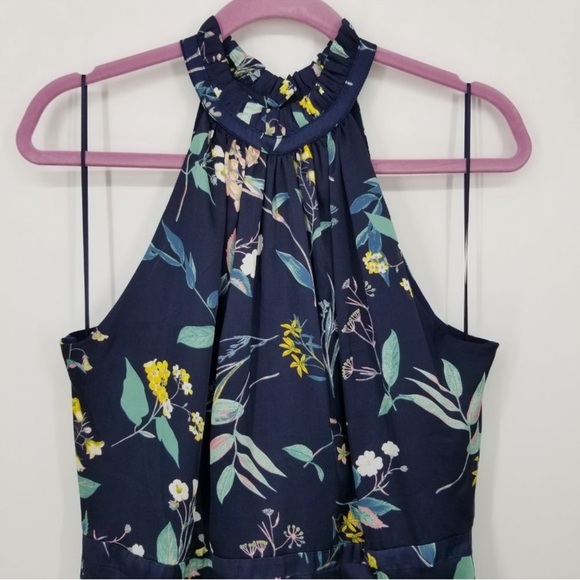 Banana Republic Dress Halter Floral Satin Midi Navy Blue High Neck Ruffle 0P - Picture 11 of 13